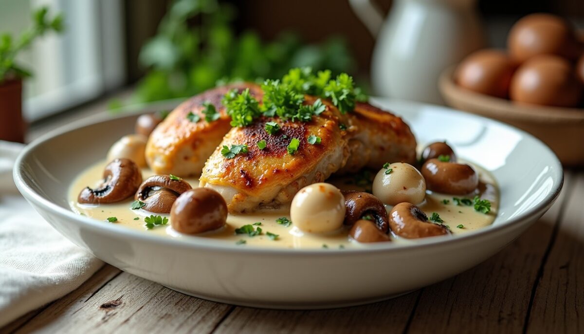 Délice de chapon en morceaux à la crème onctueuse et champignons : une recette simple et savoureuse